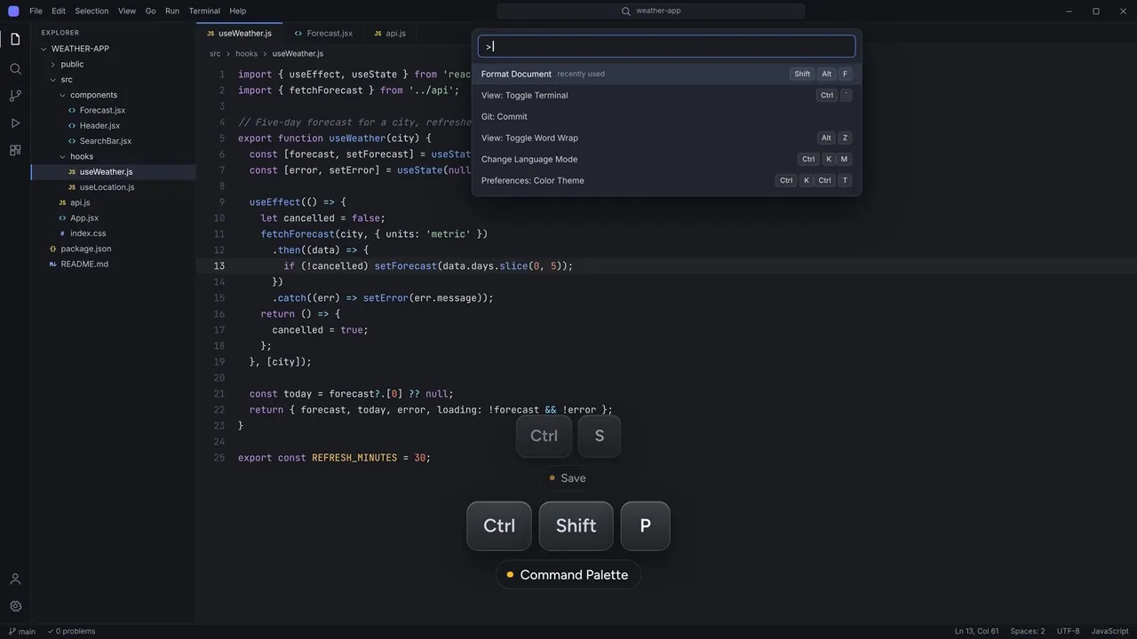 Keyshow showing Ctrl + Shift + P with the Command Palette caption in a code editor
