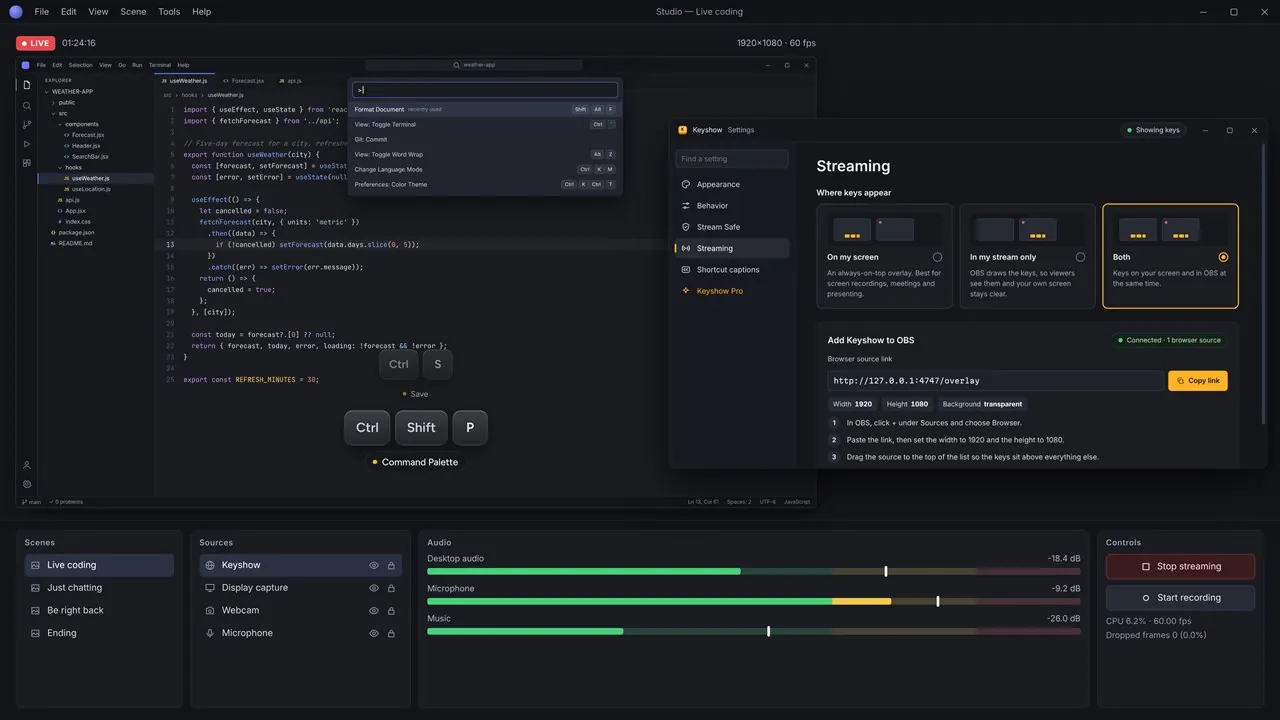 Keyshow streaming options with the shortcut overlay