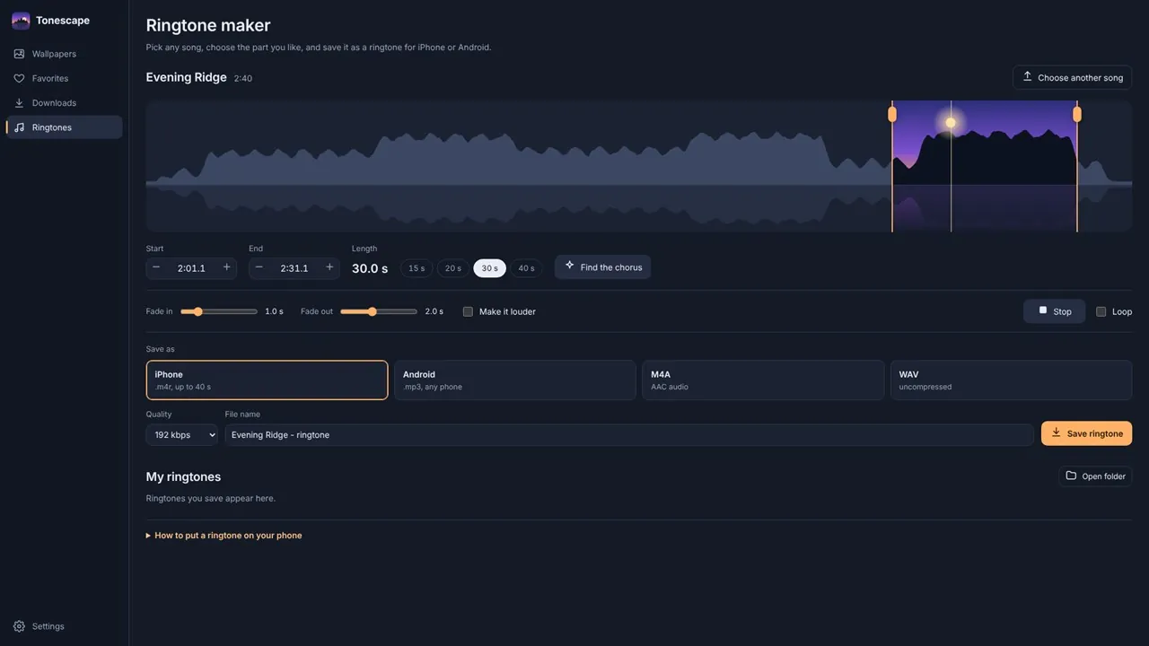 Making a ringtone from a song in Tonescape
