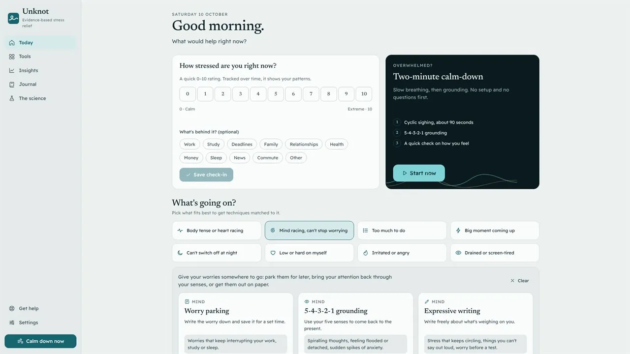 Unknot Today screen with a stress check-in and a two-minute calm-down