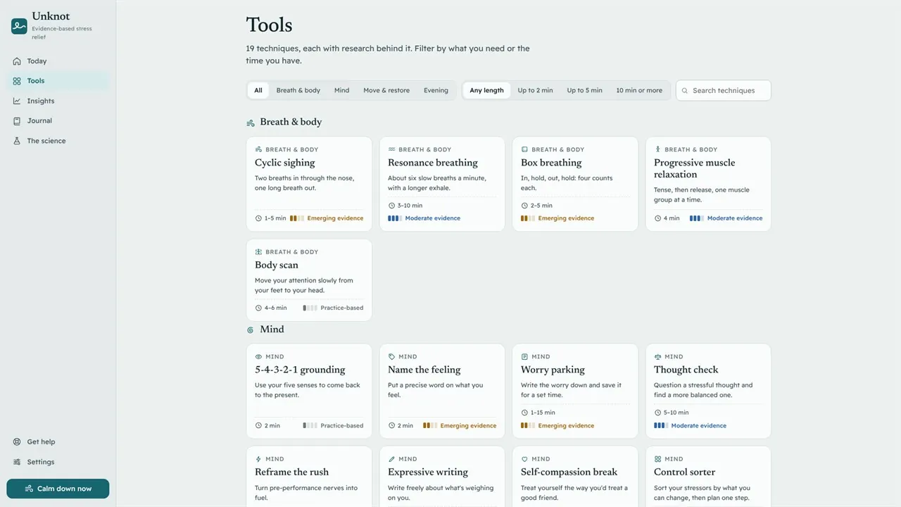 Unknot tools with evidence grades